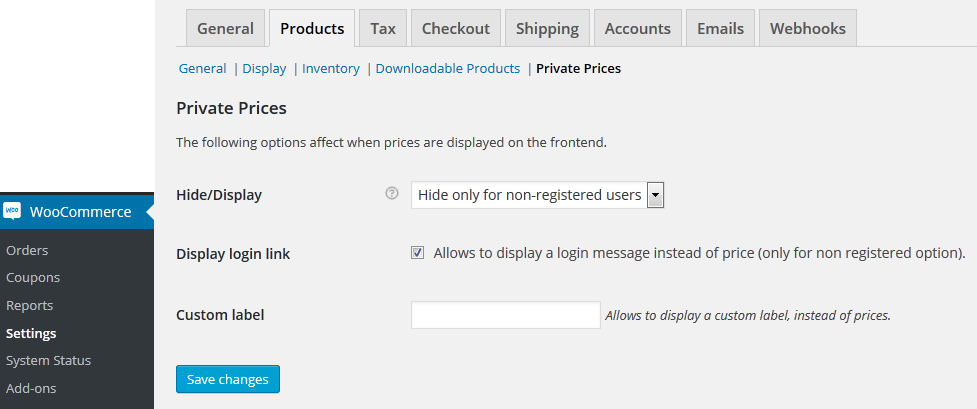 private prices settings for woocommerce