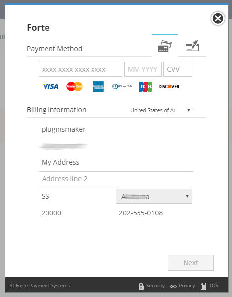 Forte payment gateway for woocommerce, payment screen
